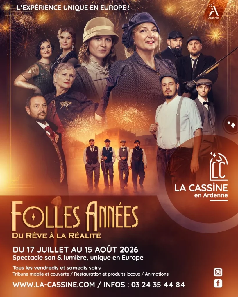 Affiche 2026 du nouveau son et lumière de La Cassine en Ardenne - Années folles : Du rêve à la réalité (Ardennes)