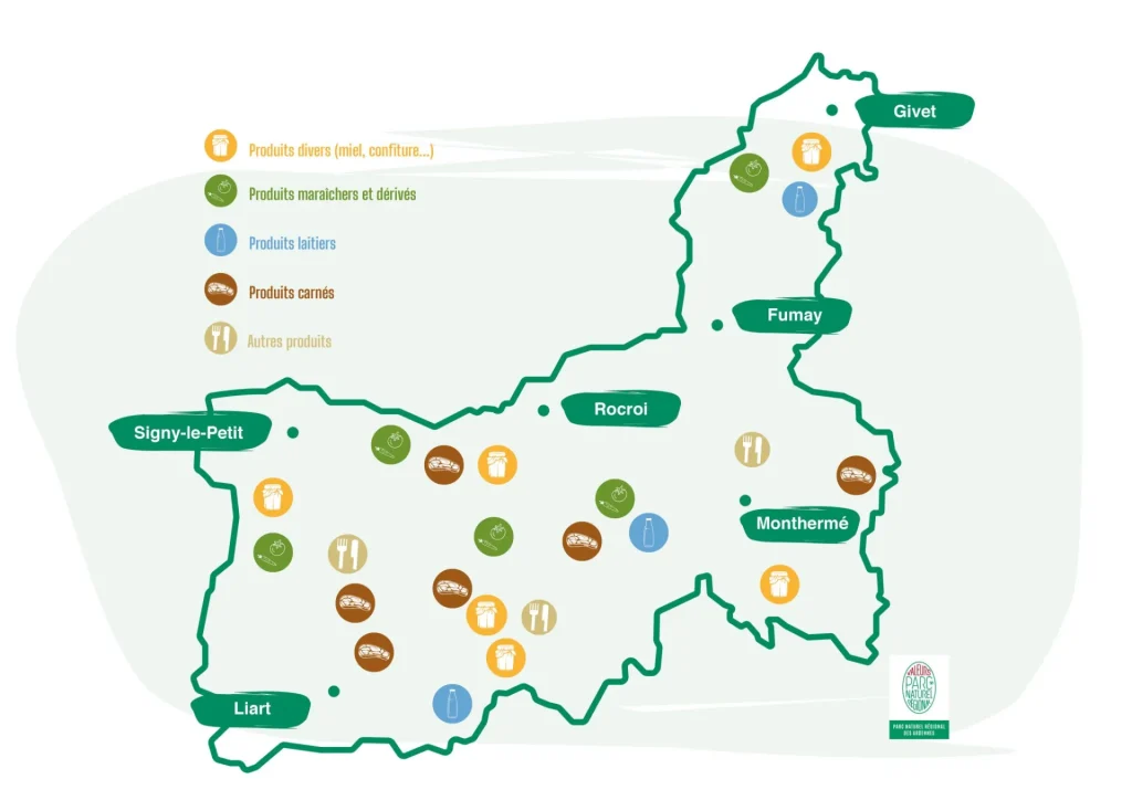 carte du PNR des Ardennes avec la localisation des producteurs de la marque Valeurs Parc