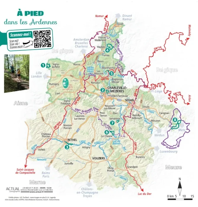 Carte des Ardennes à pied avec tous les itinéraires de randonnée et en particulier celui de l'Ardenne Tour